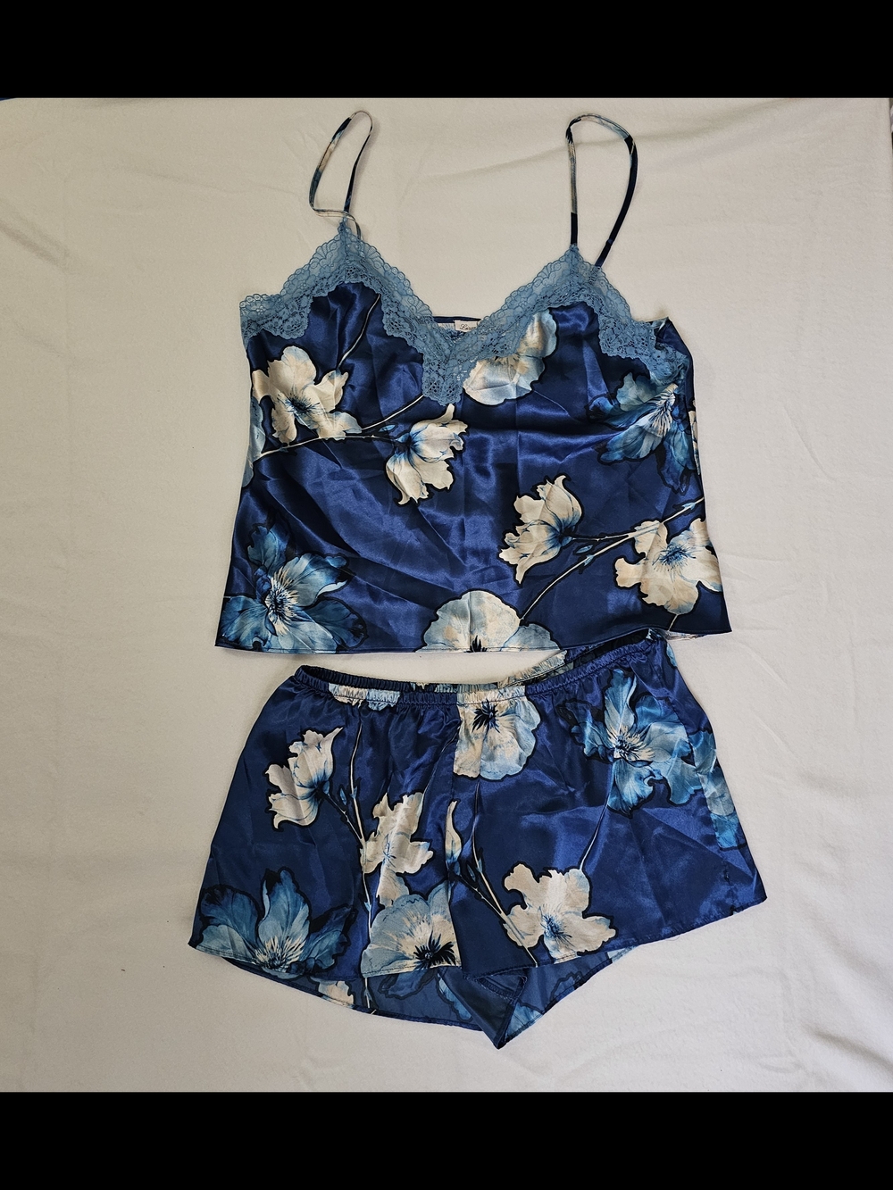 Linea Donatella Silky Floral Lace Trim Pajama Cami & Shorts Set - Blue
